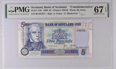 【礼羽收藏】🌏世界钱币拍卖第130期 - 1998年苏格兰银行5镑，PMG67分亚军分，仅一张更高分