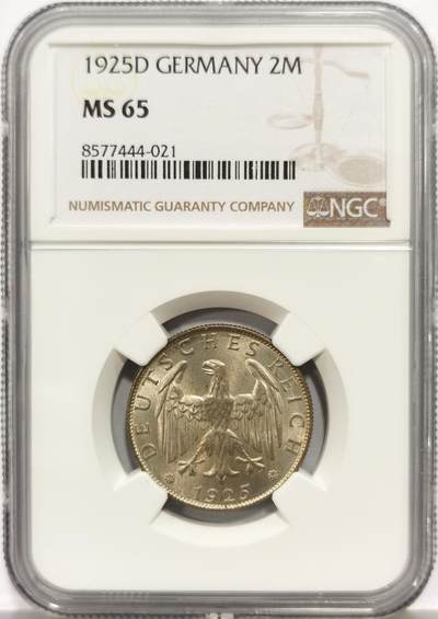 博洋堂“芳菲春韵”3月精品大拍专场暨第166期（全场包邮） - NGC MS65 德国魏玛共和国1925年D版2马克银币