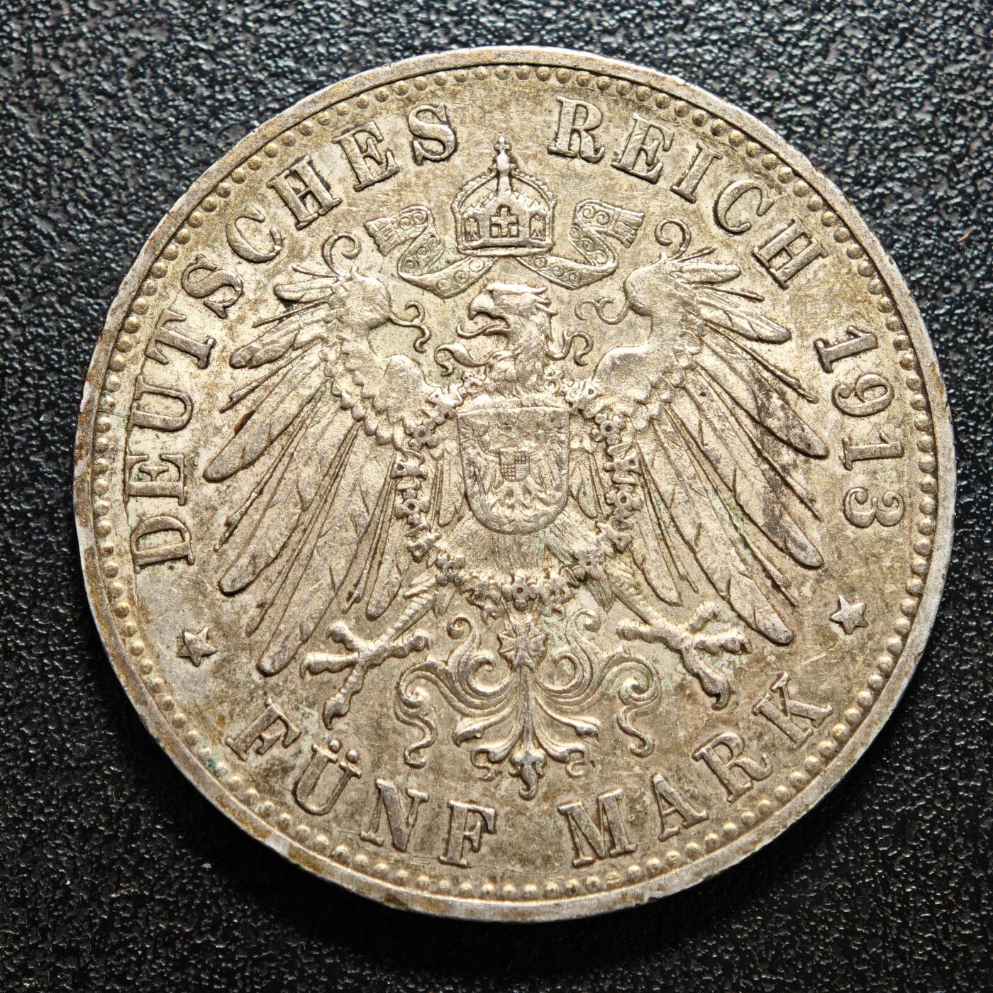 【德藏】世界币章拍卖第169期（拍品征集中~欢迎藏友联系） 1913年 德国符腾堡威廉二世5马克大银币 直径约：38mm；重约：27.7g 淡彩包浆