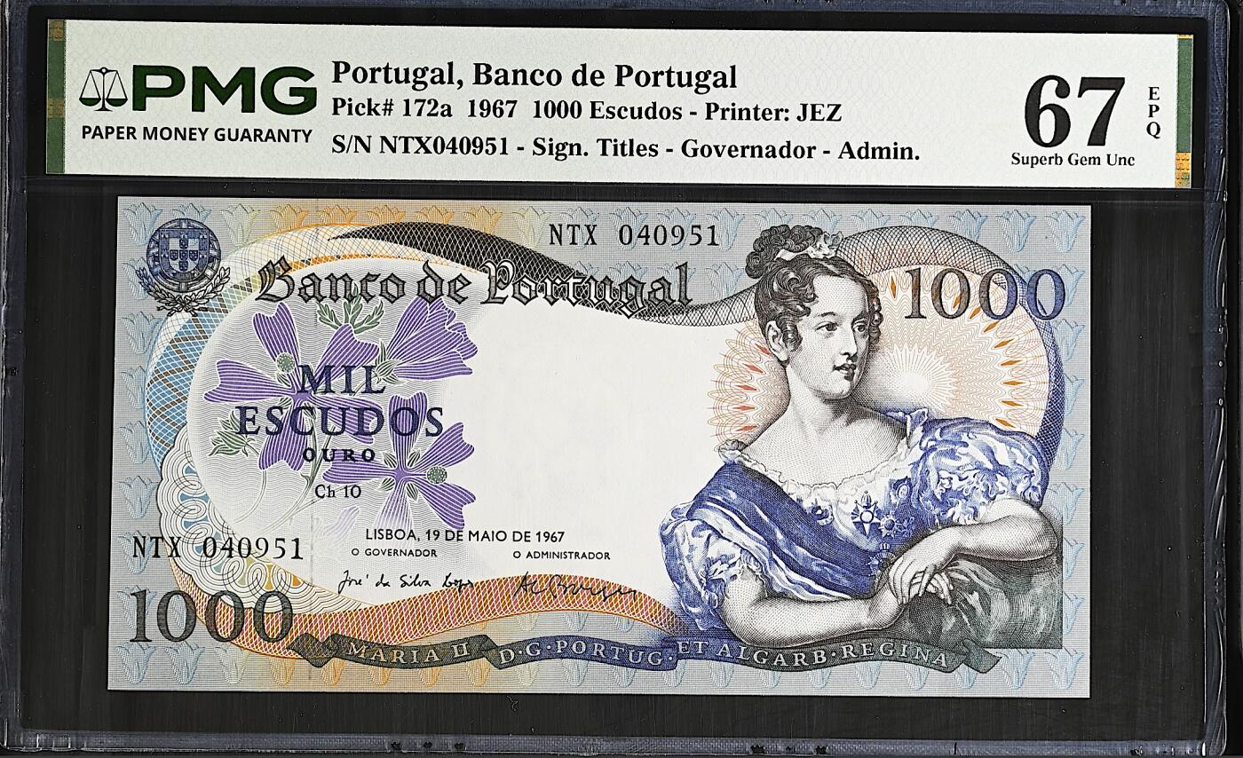 《艾美收藏》第238期-3.29周日外币畅拍场 葡萄牙1000埃斯库多 PMG67E 1967年a版 葡萄牙女王玛丽亚二世