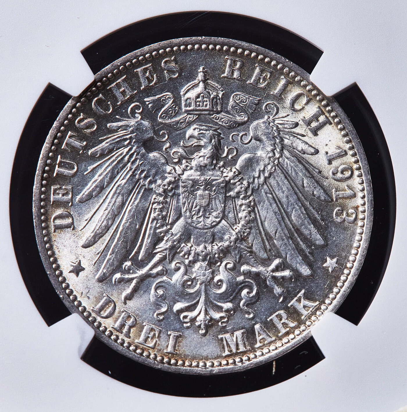 【俄甄集藏】2026年(050)04-01星期三 晚 19:30 全场包邮 德国符腾堡1913年威廉二世F版3马克银币，NGC MS62，黄油环彩，转光品相