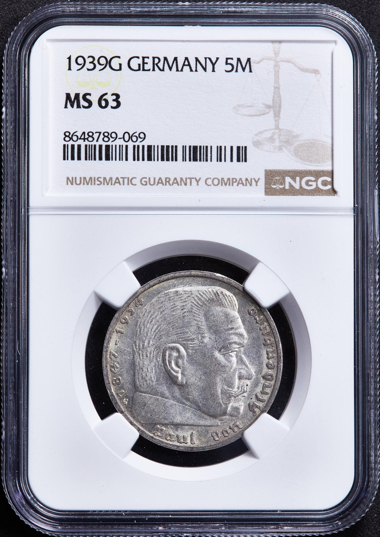 【俄甄集藏】2026年(050)04-01星期三 晚 19:30 全场包邮 德国第三帝国1939年G版兴登堡党徽5马克银币，NGC MS63，转光品相，原图联系客服或官网查询