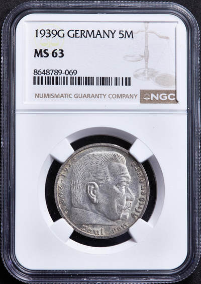 【俄甄集藏】2026年(050)04-01星期三 晚 19:30 全场包邮 - 德国第三帝国1939年G版兴登堡党徽5马克银币，NGC MS63，转光品相，原图联系客服或官网查询