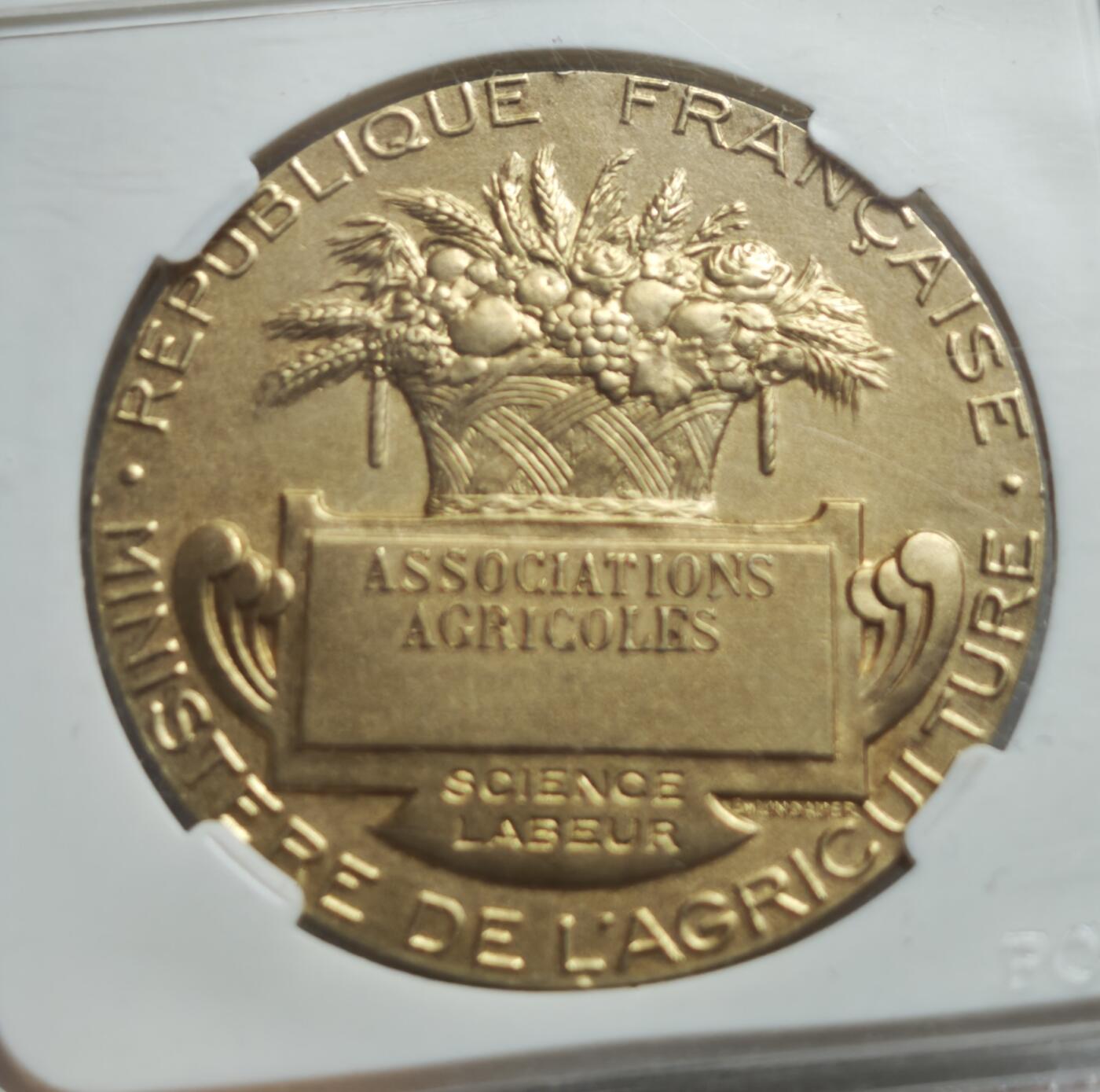瓶子🏺第234期拍卖会  法国农业部农业协会镀金铜质纪念章   法兰西第三共和国时期的农业主题纪念章，由著名雕刻家 J. Lagrange 设计，材质为银镀金，是法国农业部颁发给农业协会的官方荣誉奖章  2等银标  有处小磕