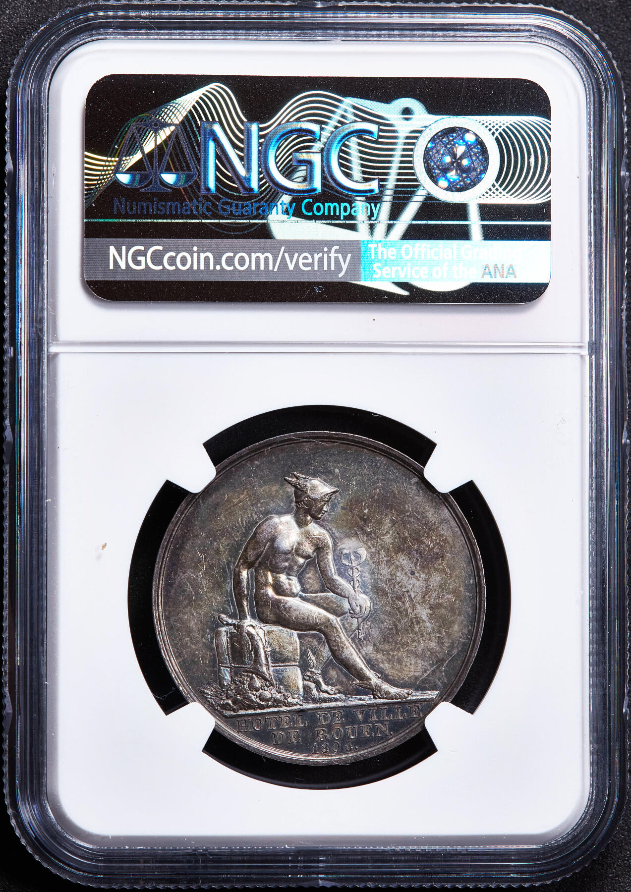 【俄甄集藏】2026年(050)04-01星期三 晚 19:30 全场包邮 法国1806年拿破仑帝国纪念鲁昂市政厅银章，NGC AU58，五彩包浆