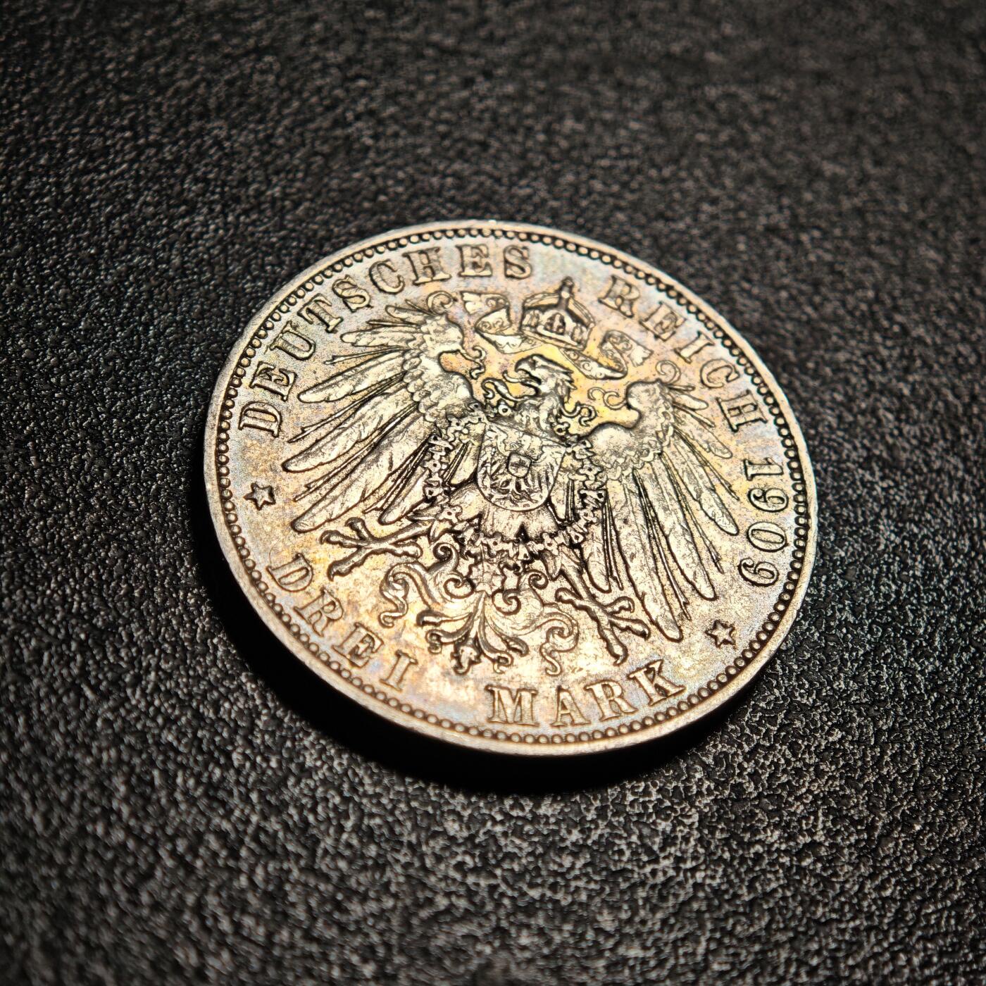 【德藏】世界币章拍卖第169期（拍品征集中~欢迎藏友联系） 1909年 德国萨克森弗里德里希3马克银币 直径约：32.9mm；重约：16.7g 淡彩包浆