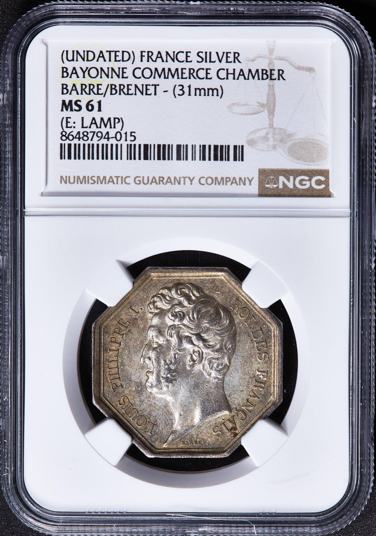 【俄甄集藏】2026年(050)04-01星期三 晚 19:30 全场包邮 法国1832-1841年菲利普头像巴约讷商会银质八角代用币章，NGC MS61，黄油彩包浆，油灯铭