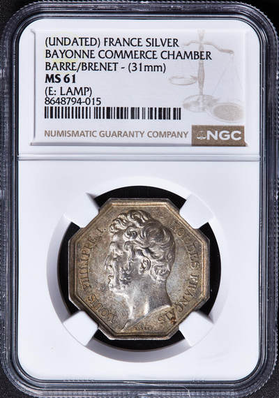 【俄甄集藏】2026年(050)04-01星期三 晚 19:30 全场包邮 - 法国1832-1841年菲利普头像巴约讷商会银质八角代用币章，NGC MS61，黄油彩包浆，油灯铭