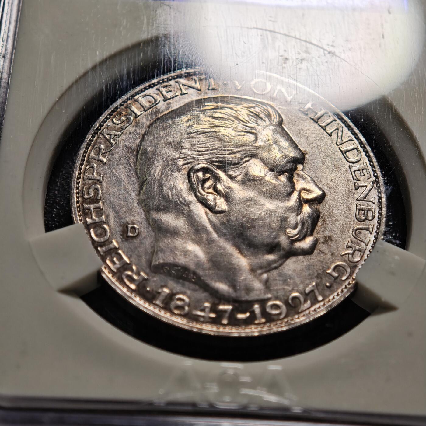 【德藏】世界币章拍卖第169期（拍品征集中~欢迎藏友联系） 1927年 德国兴登堡80大寿5马克币型银章 名家卡尔·歌茨作品 原味深包浆 ACA AU53