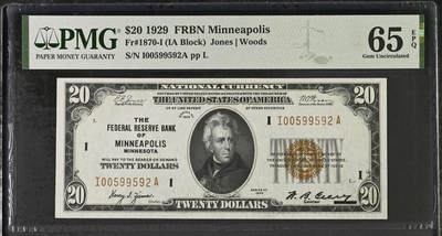《艾美收藏》第238期-3.29周日外币畅拍场 - 1929年20美元PMG65E无347 联邦储备银行券 稀少分区明尼阿波利斯
