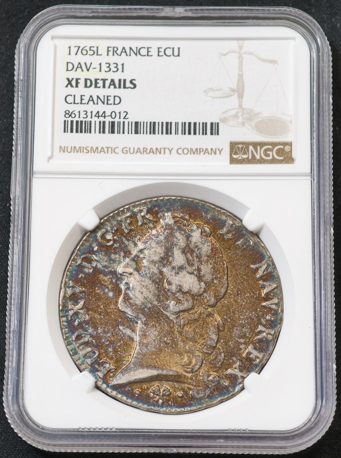 “方寸甄品”甄品场，甄臻铺-世界币章拍卖（第57期，直播拍卖），送拍享返佣金等优惠多多 NGC-XFD 法国1765年路易十五青年版埃居银币 炫彩包浆 30g的大尺寸银币，橘色包浆