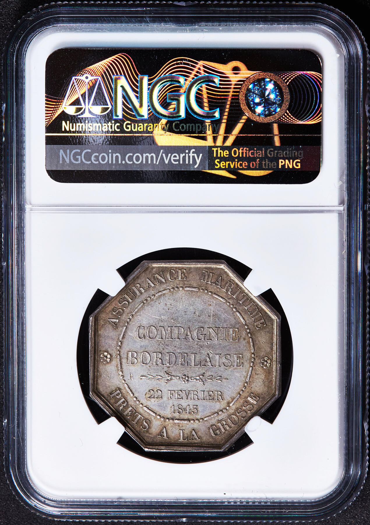 【俄甄集藏】2026年(050)04-01星期三 晚 19:30 全场包邮 法国1843年波尔多海上保险业银质八角代用币章，NGC MS62，黄油彩包浆，设计精美，手指铭