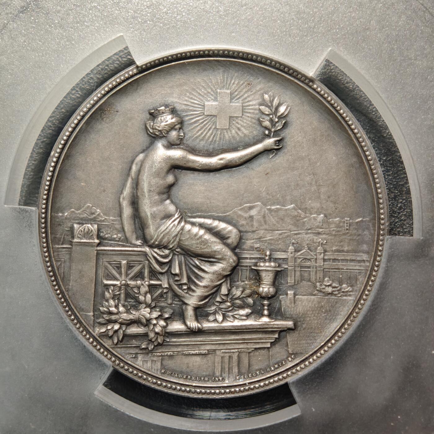 【德藏】世界币章拍卖第169期（拍品征集中~欢迎藏友联系） 1895年 瑞士温特图尔射击节女神纪念大银章  PCGS SP62 深彩包浆