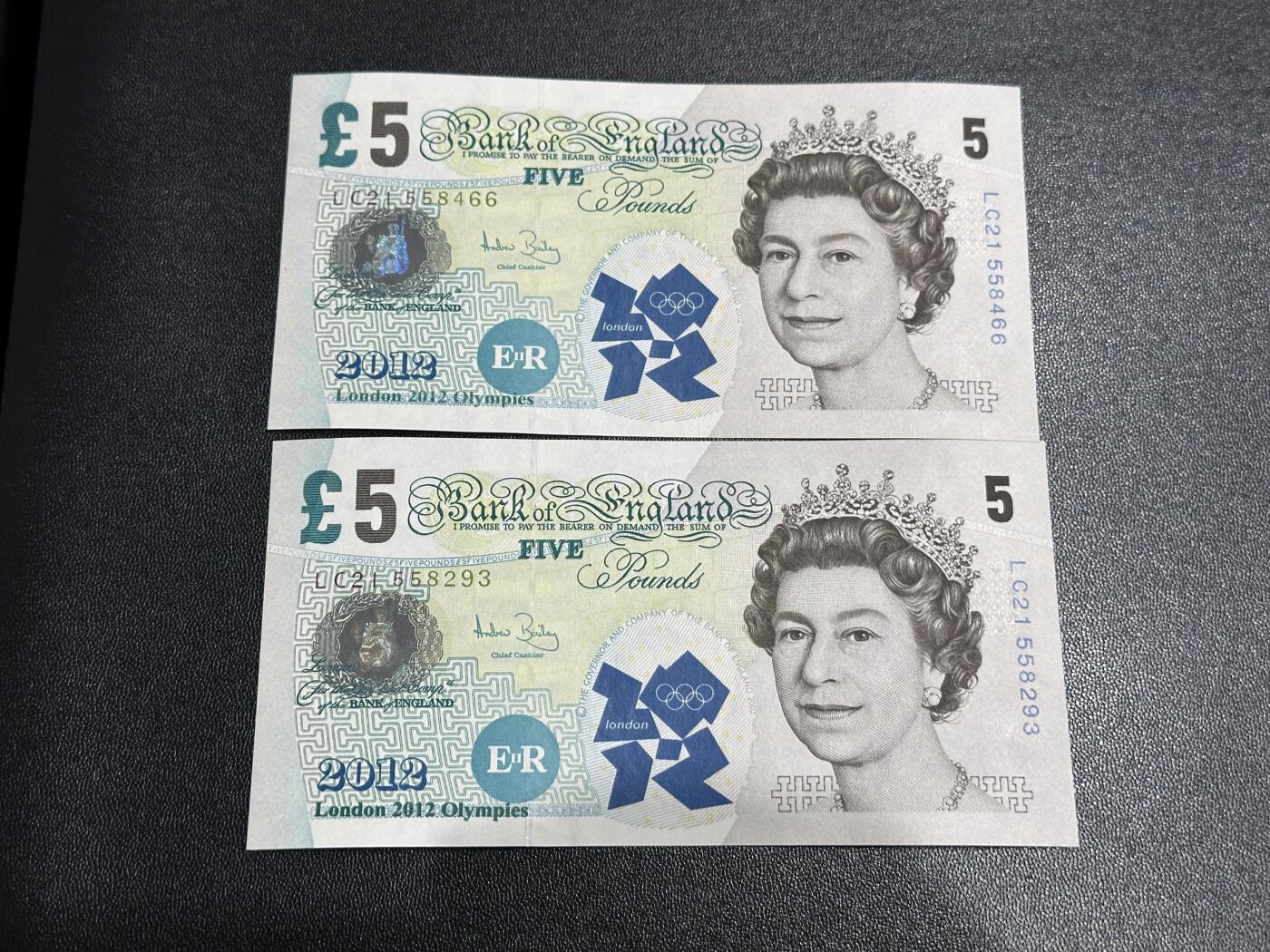 《外钞收藏家》第六百二十一期（精选场）（长期征集拍品、欢迎藏友们联系合作） 英国E序列5镑2张 加盖12年伦敦奥运会纪念钞 2张全新 其中1张角压印