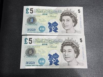 《外钞收藏家》第六百二十一期（精选场）（长期征集拍品、欢迎藏友们联系合作） - 英国E序列5镑2张 加盖12年伦敦奥运会纪念钞 2张全新 其中1张角压印