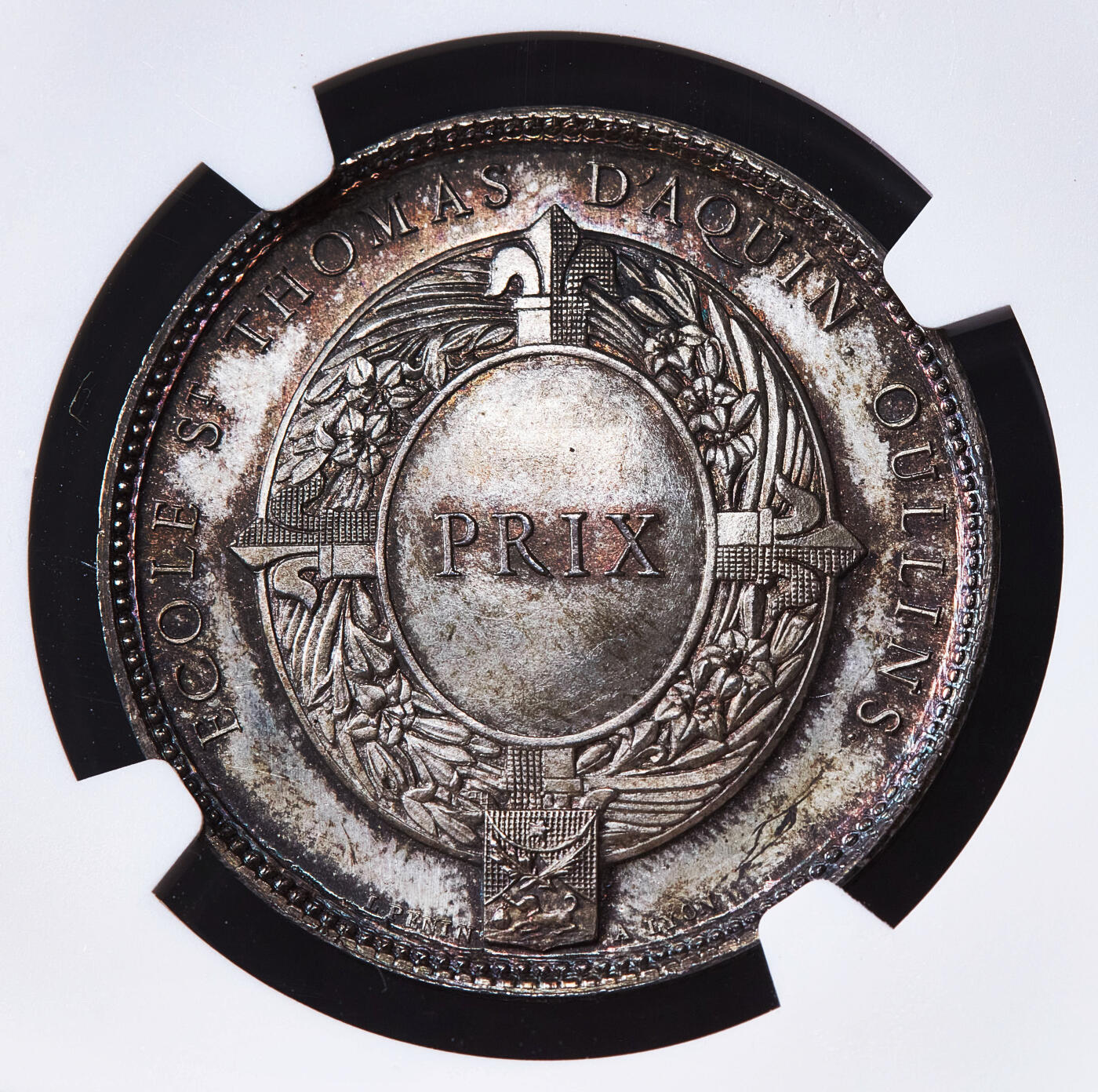 【俄甄集藏】2026年(050)04-01星期三 晚 19:30 全场包邮 法国1860-1879年社会改革家亨利·拉科代尔头像纪念圣托马斯·阿奎那学院银章，NGC MS65，五彩，顶级状态