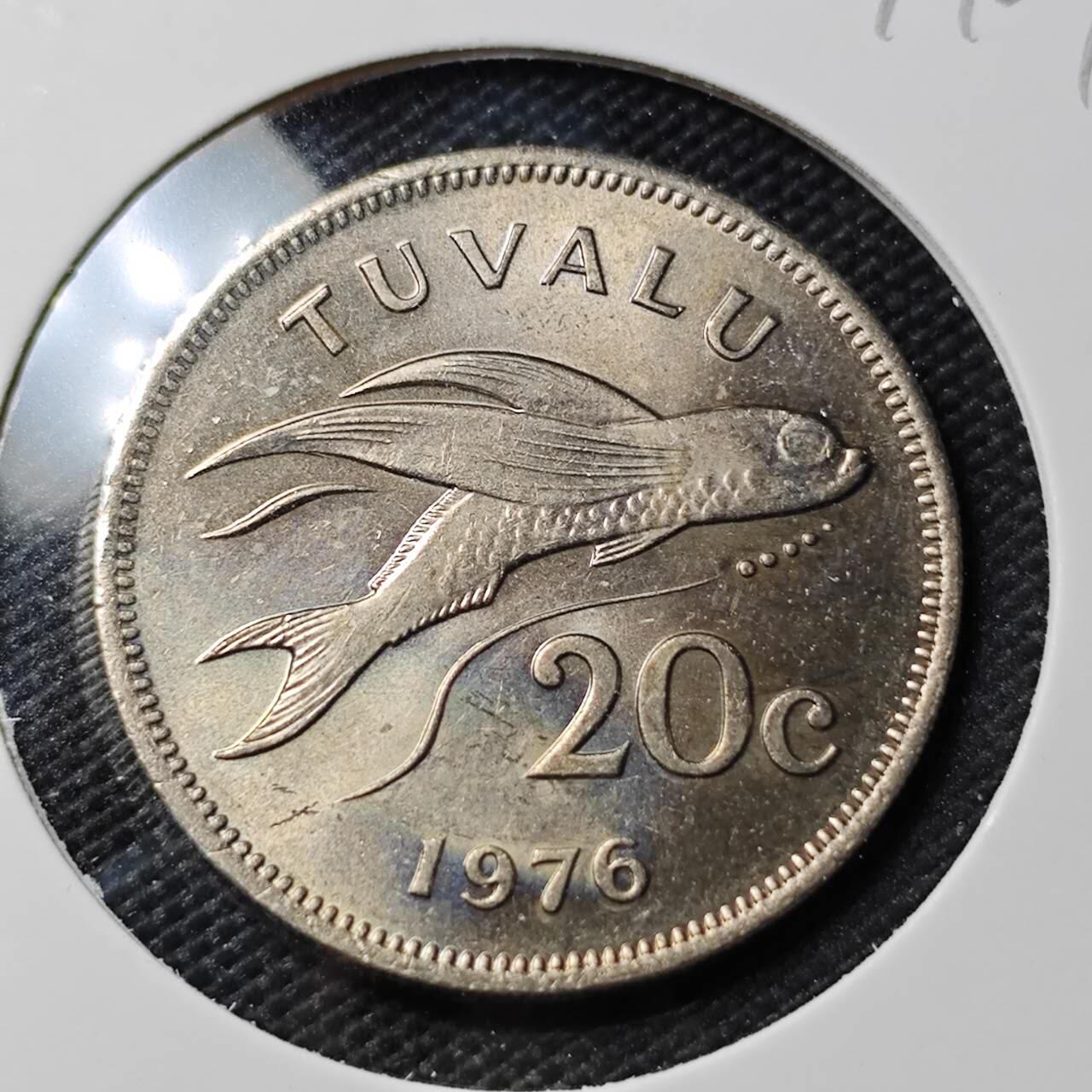 KK钱币收藏小铺  第407期 2月预留时间 周末发货  1976图瓦卢20分 好品