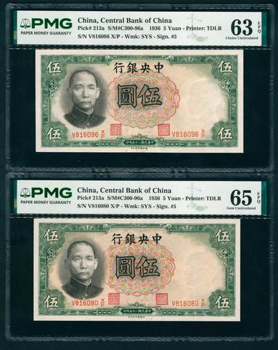 上海炎玺拍卖 玺藏千秋 - 民国二十五年中央银行德纳罗版伍圆一组2枚