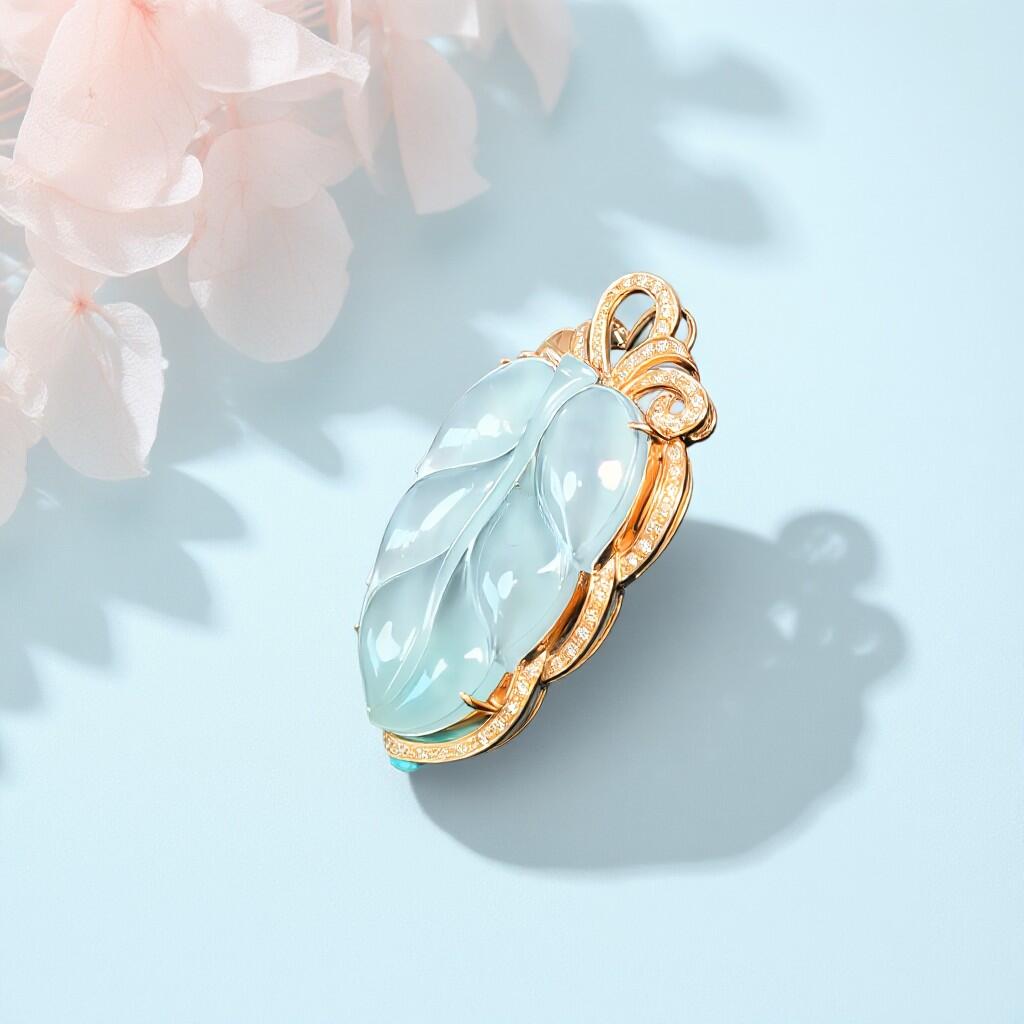 碧月说宝 君子怀瑾·当代和田玉清风专场(五) 18K金镶钻冰种翡翠叶子吊坠