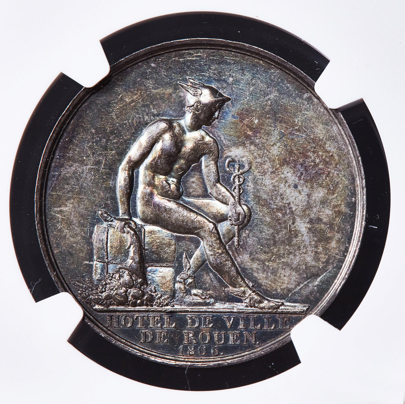 【俄甄集藏】2026年(050)04-01星期三 晚 19:30 全场包邮 法国1806年拿破仑帝国纪念鲁昂市政厅银章，NGC AU58，五彩包浆