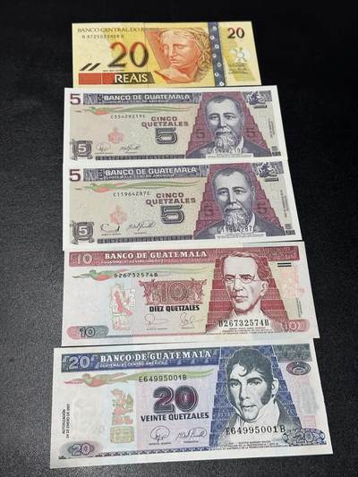 《外钞收藏家》第六百二十一期（精选场）（长期征集拍品、欢迎藏友们联系合作） - 巴西20里亚尔AU+危地马拉5-20面额4张全新（10有潮斑）