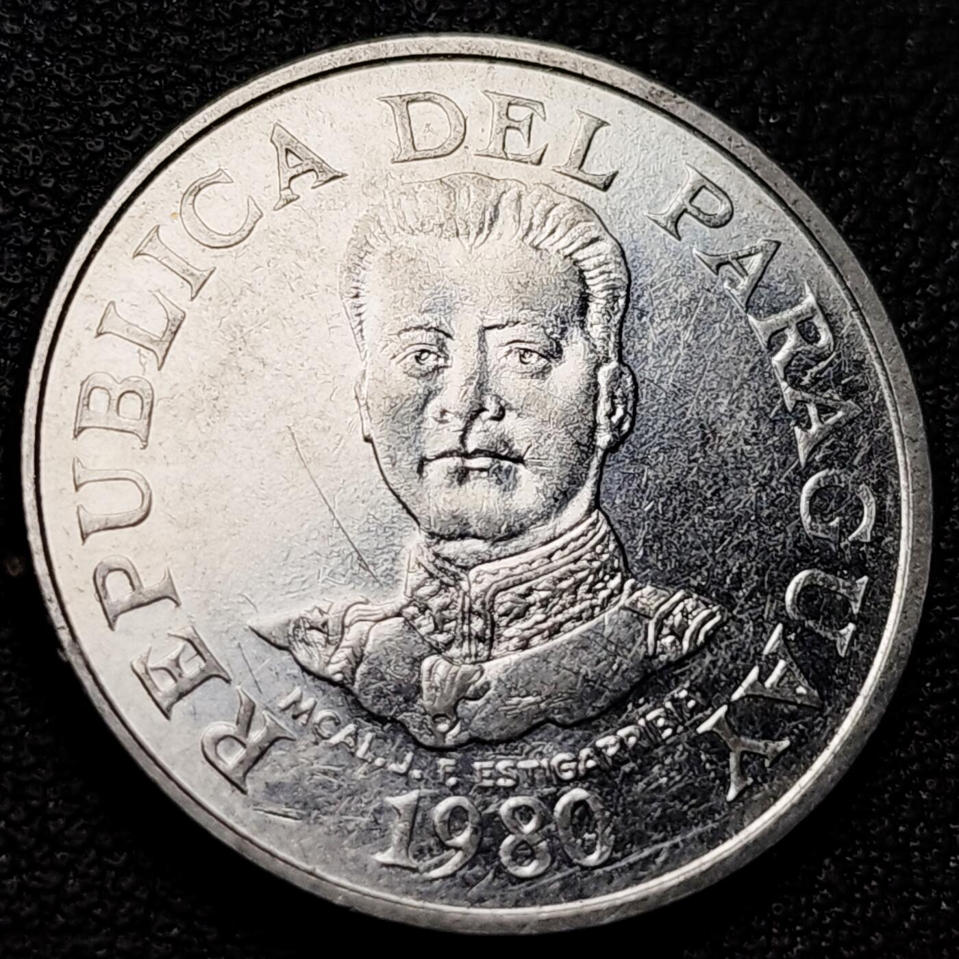 泉币菌-第216场-拍品多 请提前出价 原光美品 1980年 大版 巴拉圭50瓜拉尼硬币 埃斯蒂将军 阿卡雷水电大大壩 