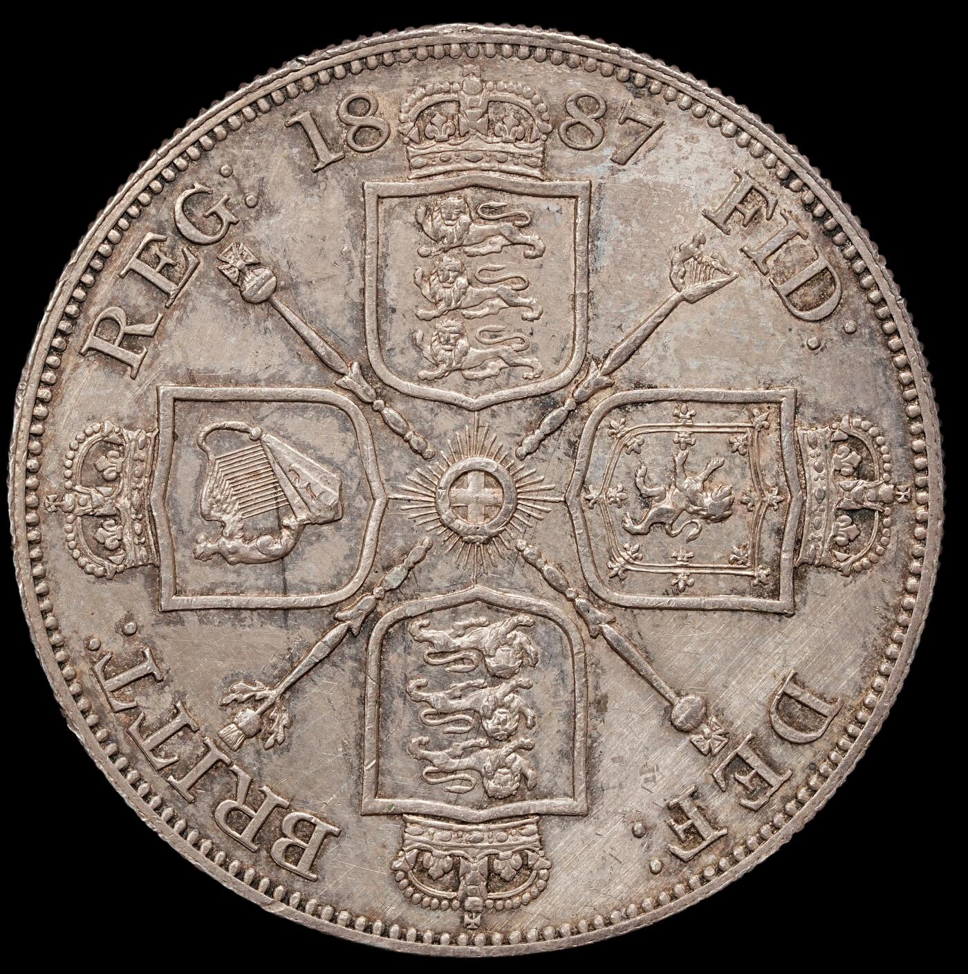 修遠堂世界钱币第109期 1887 年英国维多利亚双弗洛林银币，22.6g，925银，轻微老洗，UNC细节