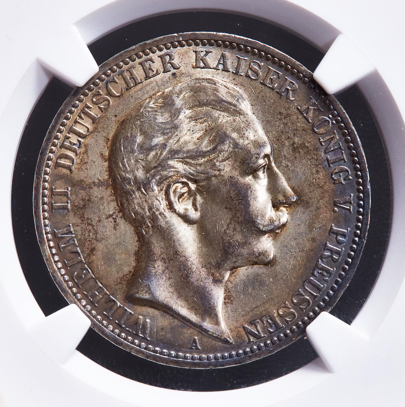 【俄甄集藏】2026年(050)04-01星期三 晚 19:30 全场包邮 德国普鲁士1912年威廉二世A版3马克银币，NGC AU58，黄油酱彩原味老包浆，原光品相，疑似低评