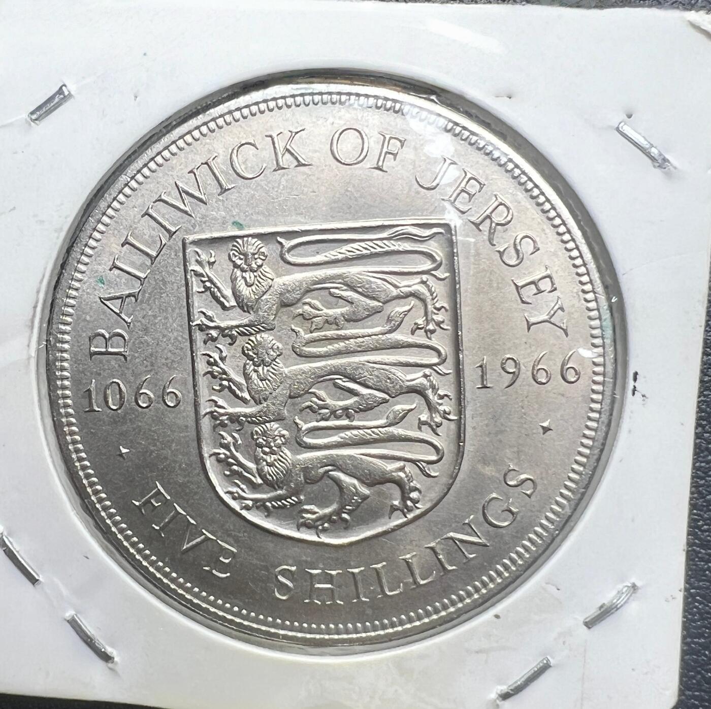 1966 年泽西岛诺曼征服 900 周年 5 先令纪念币 伊丽莎白二世 三狮盾徽