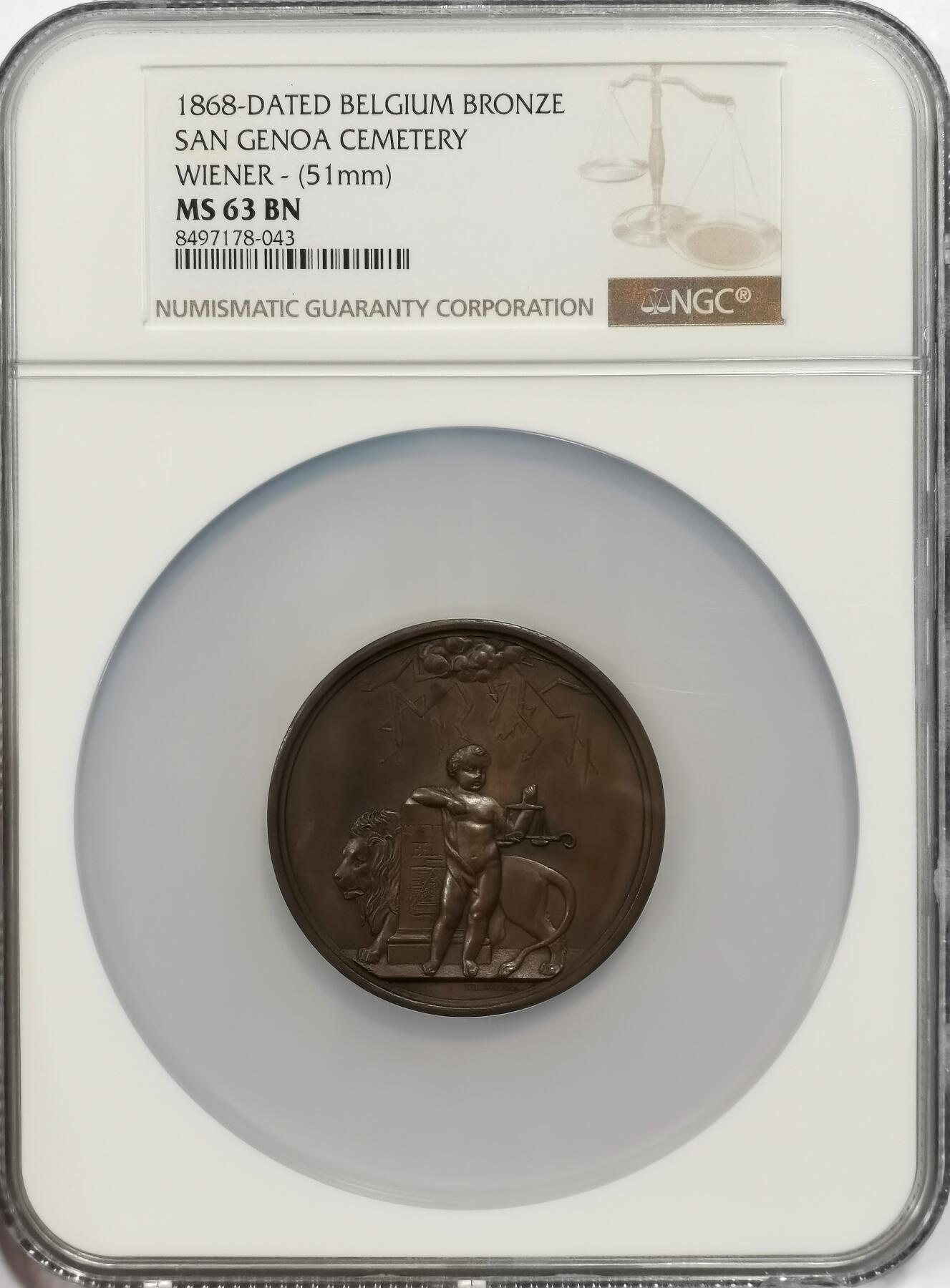 博洋堂“芳菲春韵”3月精品大拍专场暨第166期（全场包邮） NGC MS63 比利时1868年圣热那亚公墓纪念大铜章。早期超高浮雕，幼态神祇在雄狮的守护下操纵雷电，刻画震撼而威严。