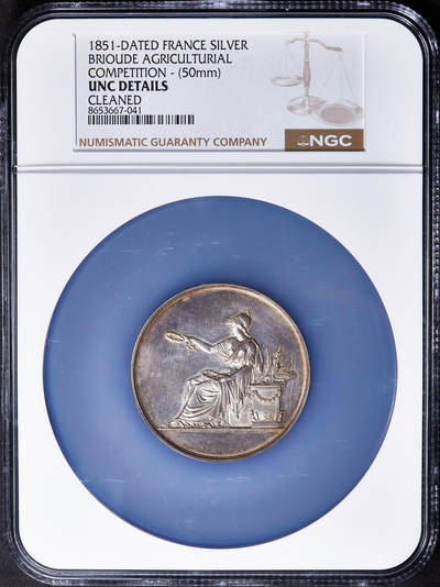 【俄甄集藏】2026年(050)04-01星期三 晚 19:30 全场包邮 - 法国1851年丰收女神坐像纪念上卢瓦尔省布里尤德农业竞赛大银章，NGC UNCD，直径：50mm，重：58克，高浮雕，授予布农克勒的加朗-舒韦夫妇