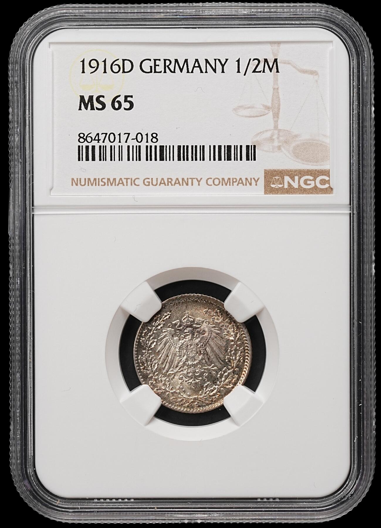 修遠堂世界钱币第109期 NGC MS65 1916年德国1/2马克银币 D厂铭