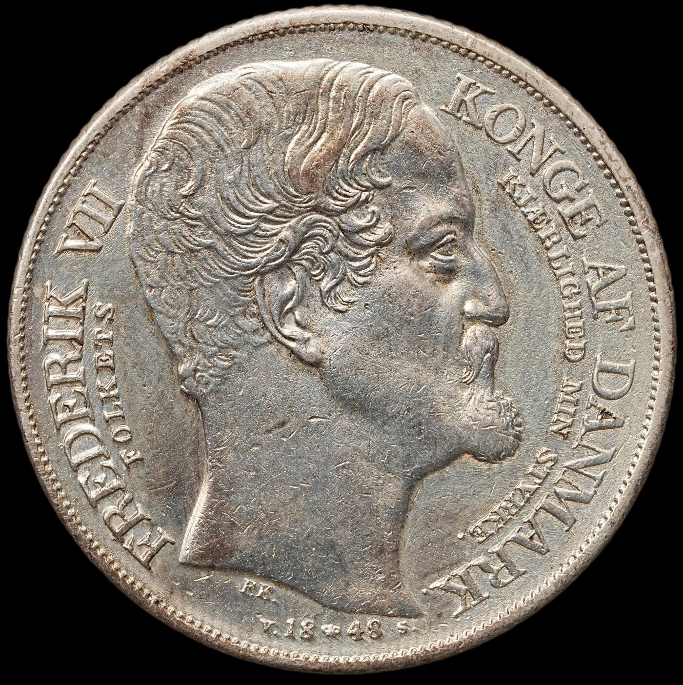 修遠堂世界钱币第109期 1848 年丹麦克里斯蒂安八世逝世 / 弗雷德里克七世继位纪念 1 Speciedaler 大银币，28.89g