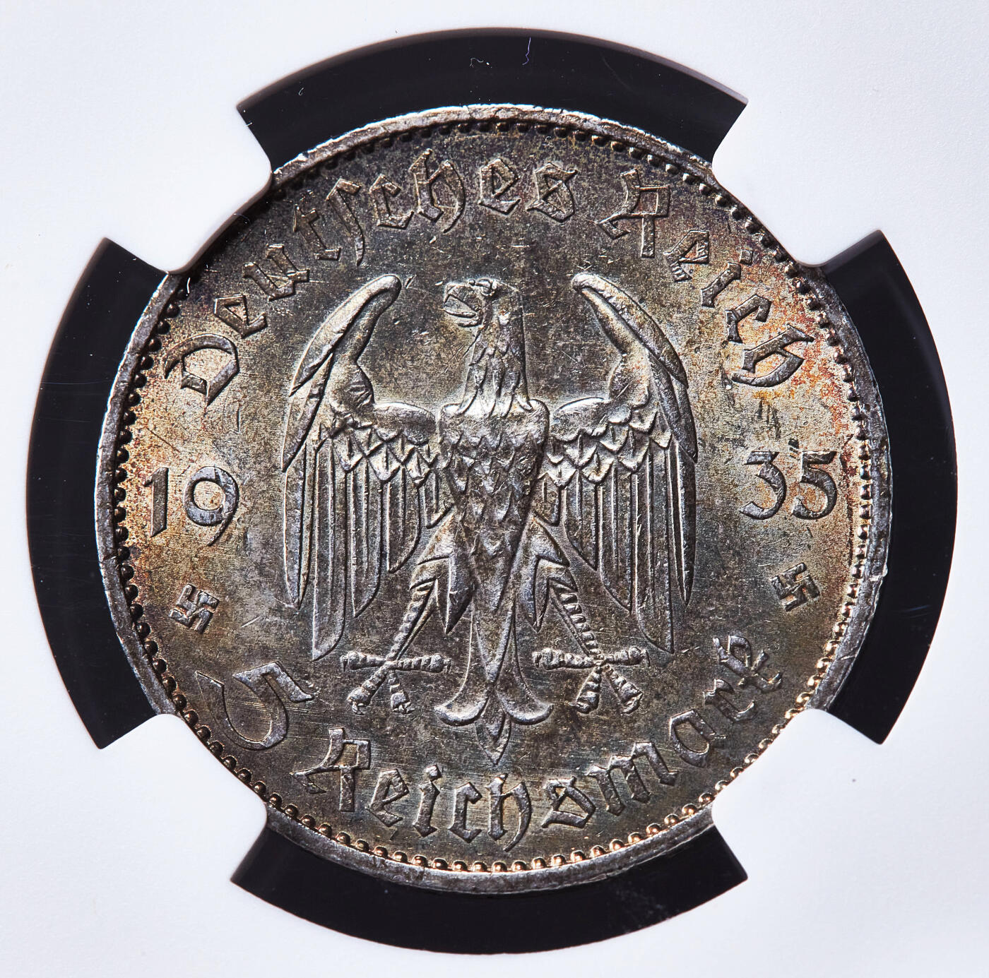 【俄甄集藏】2026年(050)04-01星期三 晚 19:30 全场包邮 德国第三帝国1935年A版波茨坦教堂无字版5马克银币，NGC MS62，五彩包浆，原光品相