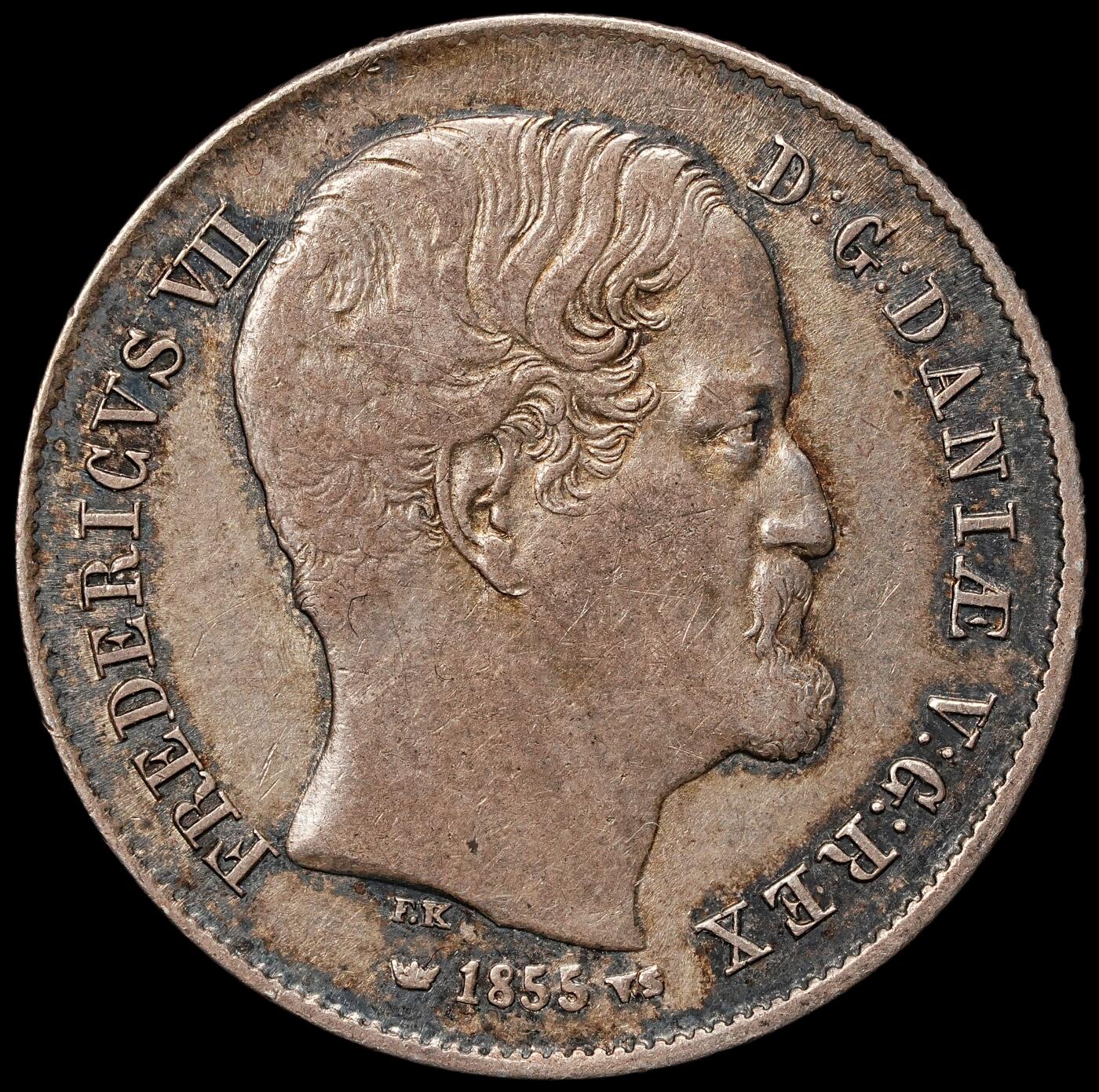 修遠堂世界钱币第109期 1855年丹麦王国弗雷德里克七世 ½ 国家达勒尔（Rigsdaler）银币，7.21g