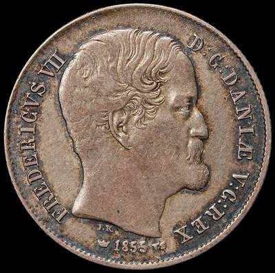 修遠堂世界钱币第109期 - 1855年丹麦王国弗雷德里克七世 ½ 国家达勒尔（Rigsdaler）银币，7.21g