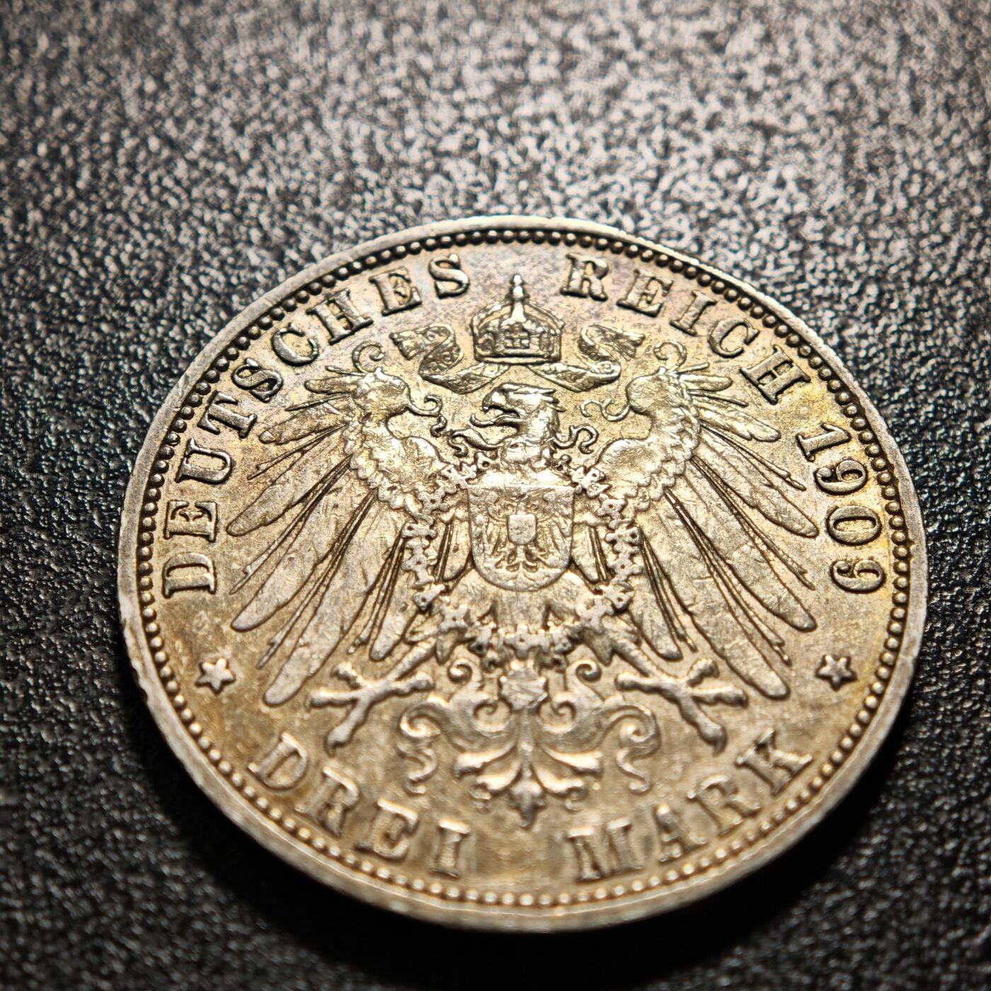 【德藏】世界币章拍卖第169期（拍品征集中~欢迎藏友联系） 1909年 德国普鲁士威廉二世3马克银币 直径约：33mm；重约：16.5g 黄油包浆