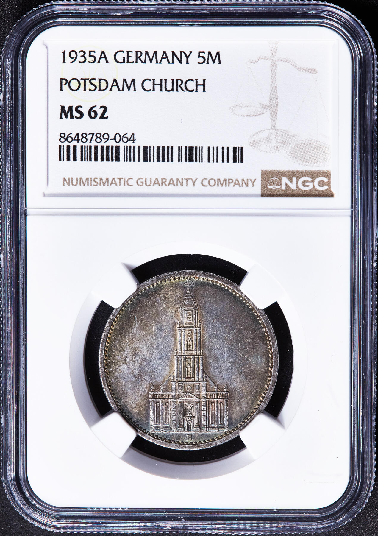 【俄甄集藏】2026年(050)04-01星期三 晚 19:30 全场包邮 德国第三帝国1935年A版波茨坦教堂无字版5马克银币，NGC MS62，五彩包浆，原光品相