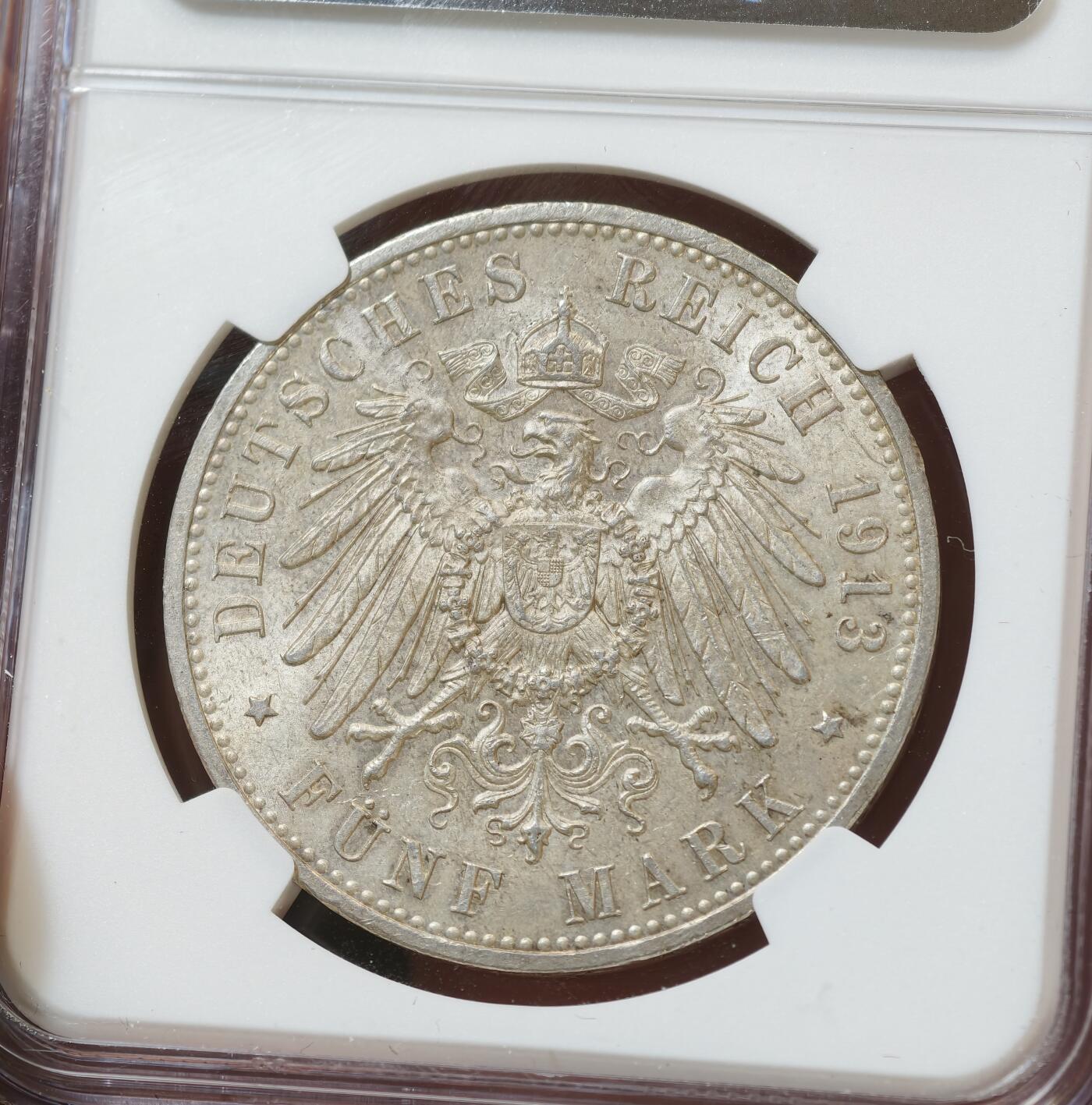 “方寸甄品”甄品场，甄臻铺-世界币章拍卖（第57期，直播拍卖），送拍享返佣金等优惠多多 NGC-MS63 德意志普鲁士帝国 1913年 威廉二世军装5马克 原味均匀香槟彩