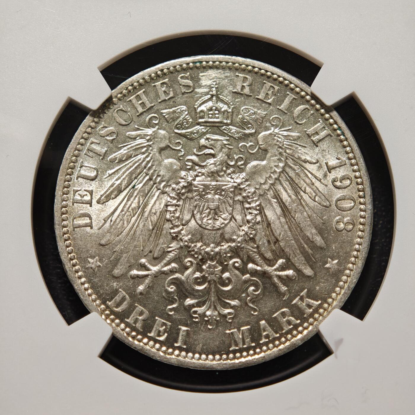 【德藏】世界币章拍卖第169期（拍品征集中~欢迎藏友联系） 1908年 德国普鲁士威廉二世3马克银币 NGC UNC