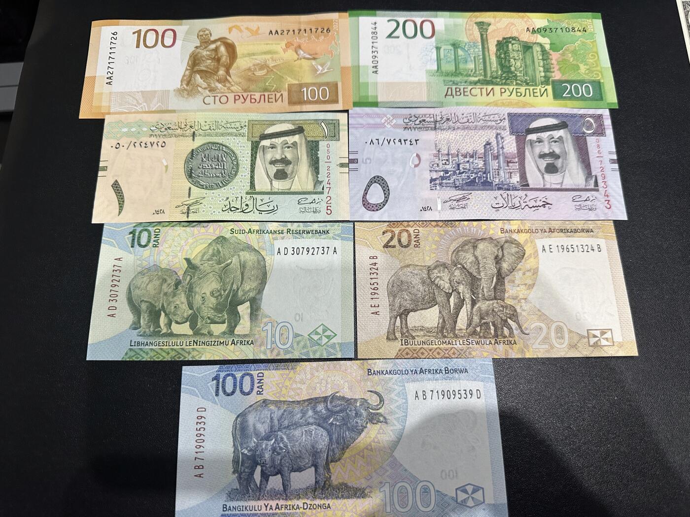 《外钞收藏家》第六百二十一期（精选场）（长期征集拍品、欢迎藏友们联系合作） 俄罗斯最新版100和200卢布 AA冠+沙特阿拉伯1和5里亚尔+南非10、20、100兰特 7张一起 全新UNC
