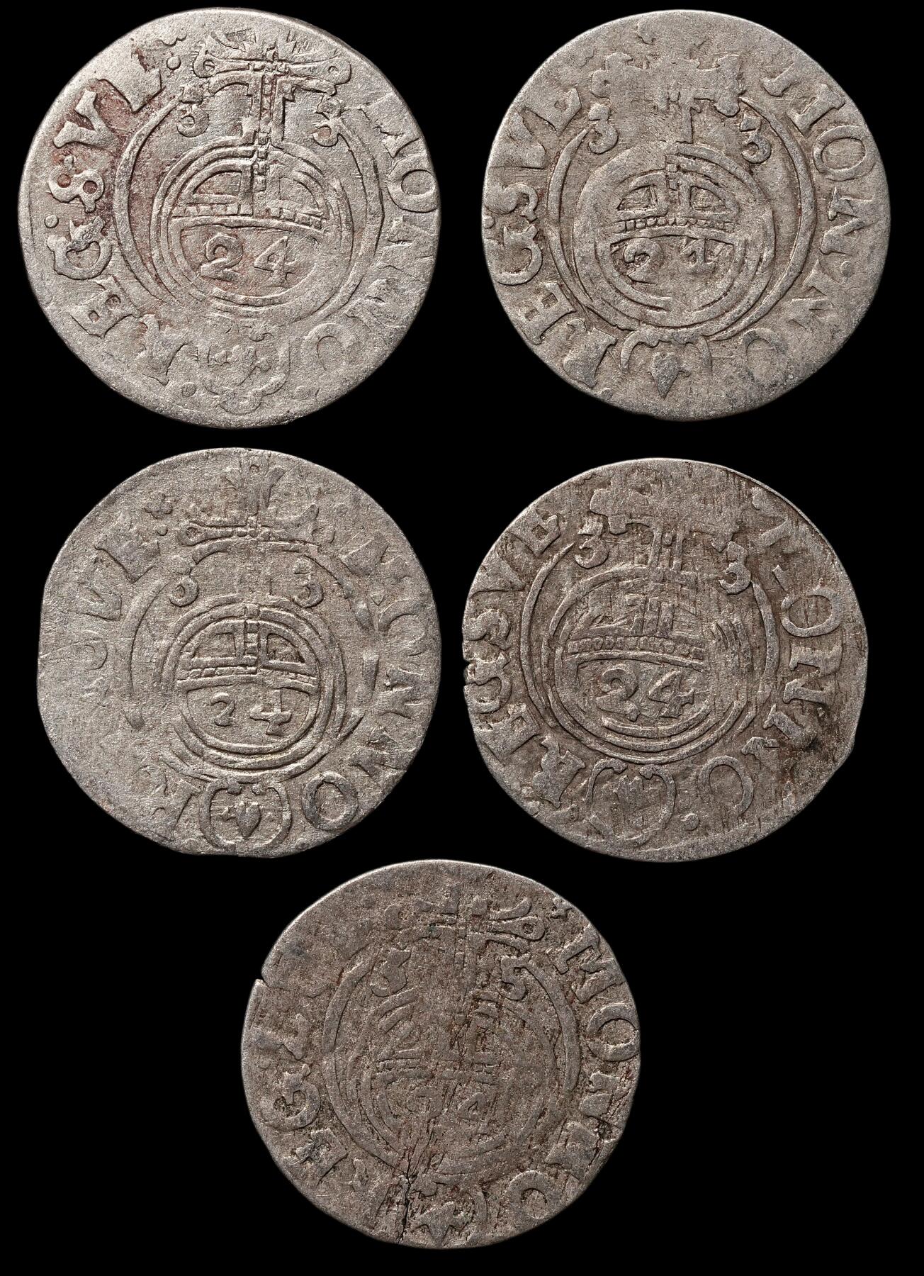 修遠堂世界钱币第109期 1635年瑞典占领埃尔宾1/24泰勒银币5枚，第二组，总重5.06g