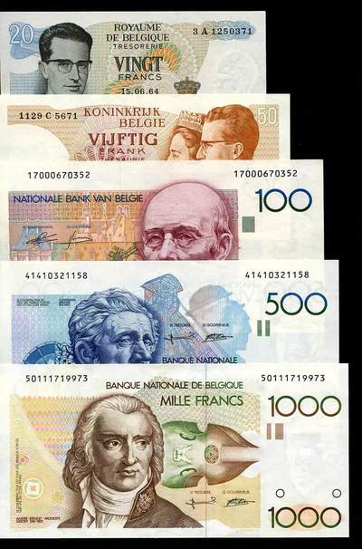 各国钱币套装场 - 比利时 1964-1980-1982年20,50, 100,500,1000法郎 全新全套