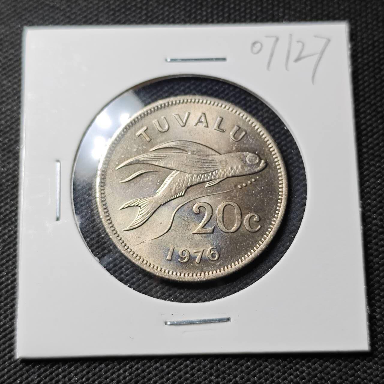 KK钱币收藏小铺  第407期 2月预留时间 周末发货  1976图瓦卢20分 好品