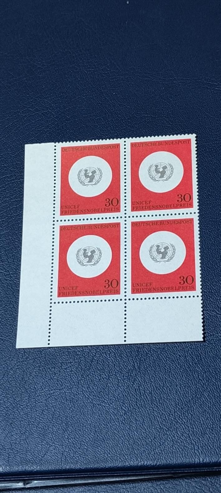 德国邮票专场，都是四方联 德国邮票四方联，1966年发行， 联合国儿童基金会  诺贝尔和平奖。品相如图
