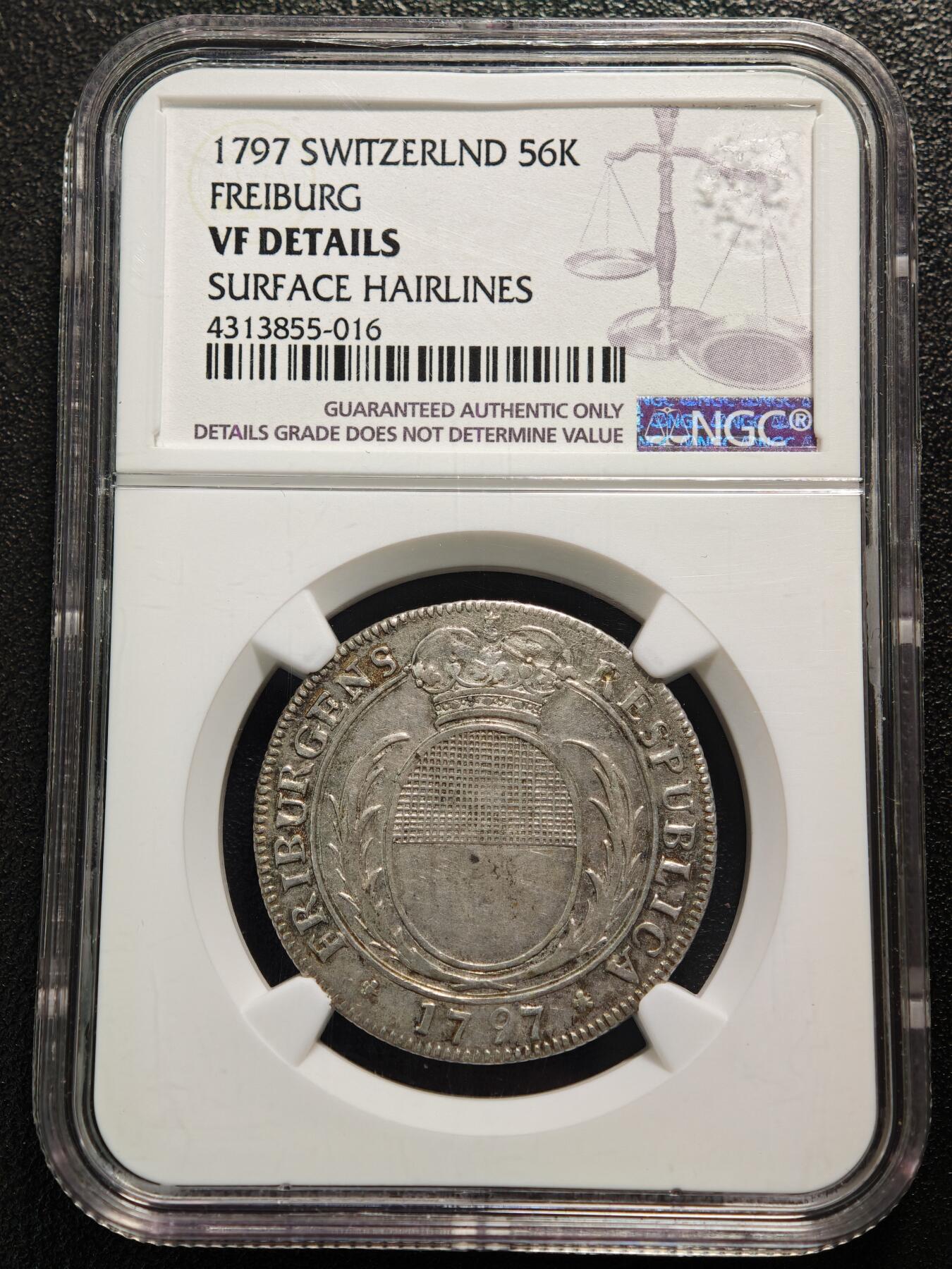 【德藏】世界币章拍卖第169期（拍品征集中~欢迎藏友联系） 1797年 瑞士弗莱堡56克洛泽银币 NGC VF