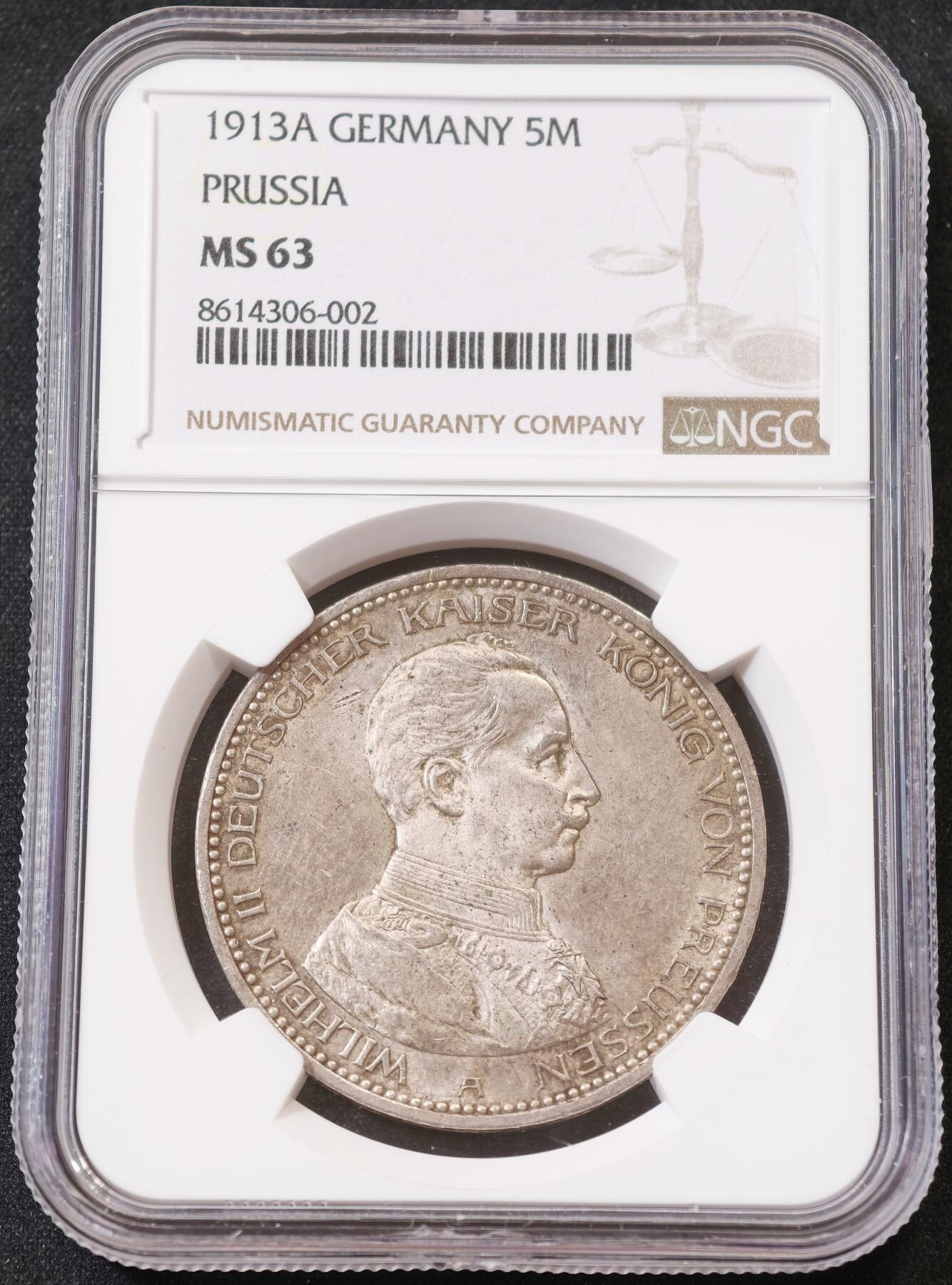 “方寸甄品”甄品场，甄臻铺-世界币章拍卖（第57期，直播拍卖），送拍享返佣金等优惠多多 NGC-MS63 德意志普鲁士帝国 1913年 威廉二世军装5马克 原味均匀香槟彩