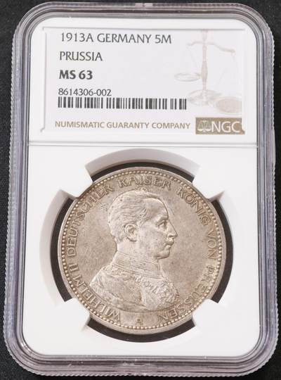 “方寸甄品”甄品场，甄臻铺-世界币章拍卖（第57期，直播拍卖），送拍享返佣金等优惠多多 - NGC-MS63 德意志普鲁士帝国 1913年 威廉二世军装5马克 原味均匀香槟彩
