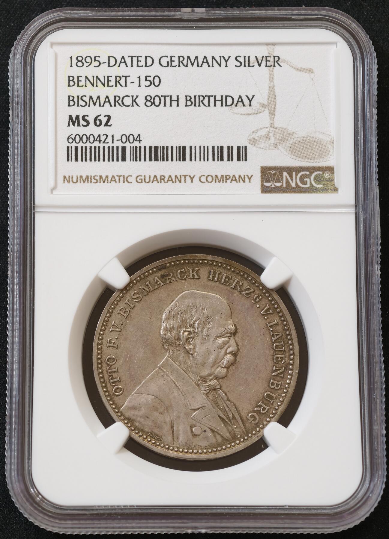 “方寸甄品”甄品场，甄臻铺-世界币章拍卖（第57期，直播拍卖），送拍享返佣金等优惠多多 NGC-MS62 1895年德国俾斯麦80大寿纪念银章-戎装日耳曼尼亚祝寿