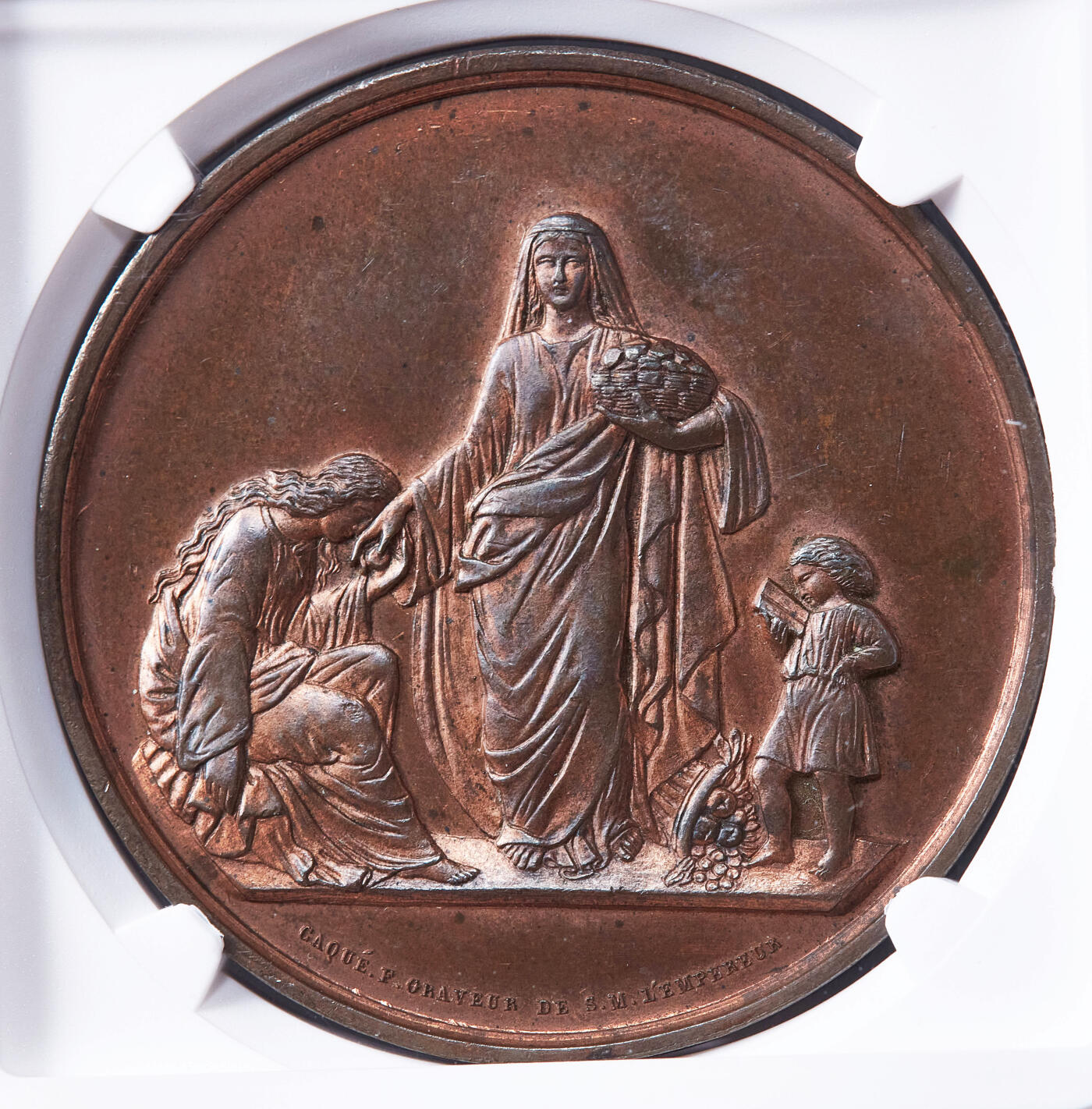 【俄甄集藏】2026年(050)04-01星期三 晚 19:30 全场包邮 法国1845-1860年巴黎第三区扶贫捐赠圣德大铜章，NGC UNCD，雕刻家卡克作品，巧克力包浆，手指铭